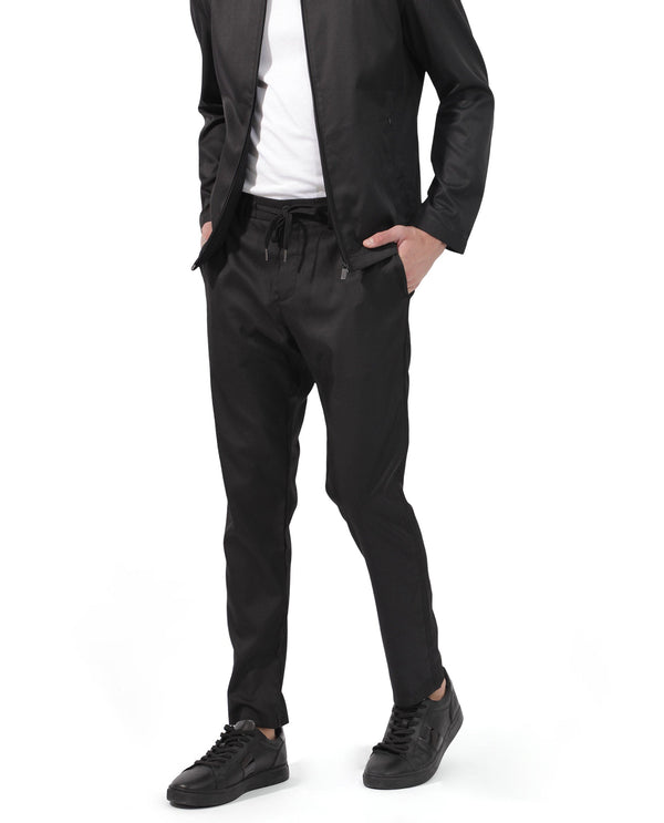 Rare Rabbit Men's Nimb Black Polyester Fabric Drawstring And Button Closure High Rise Regular Fit Solid Trousers