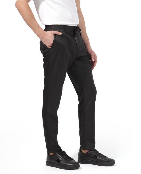 Rare Rabbit Men's Nimb Black Polyester Fabric Drawstring And Button Closure High Rise Regular Fit Solid Trousers
