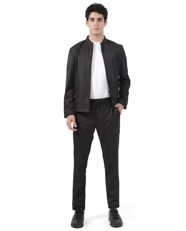 Rare Rabbit Men's Nimb Black Polyester Fabric Drawstring And Button Closure High Rise Regular Fit Solid Trousers