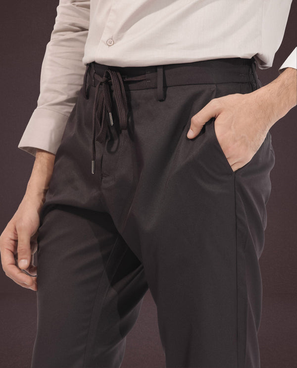 Rare Rabbit Men's Nimb Dark Maroon Polyester Fabric Drawstring And Button Closure Regular Fit Solid Trousers