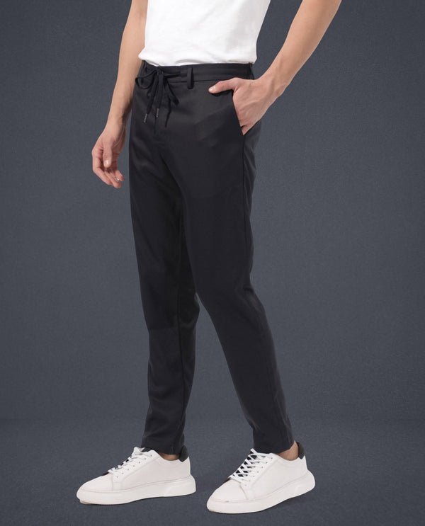 Rare Rabbit Men's Nimb Navy Polyester Fabric Drawstring And Button Closure High Rise Regular Fit Solid Trousers
