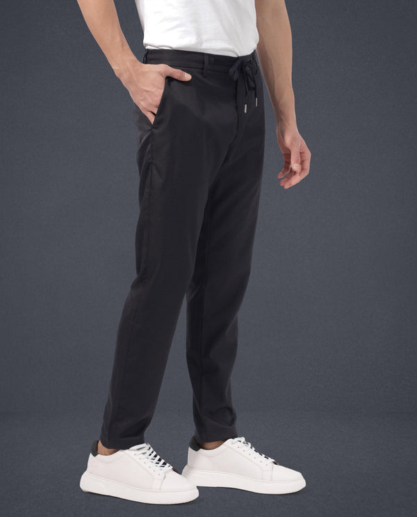 Rare Rabbit Men's Nimb Navy Polyester Fabric Drawstring And Button Closure High Rise Regular Fit Solid Trousers