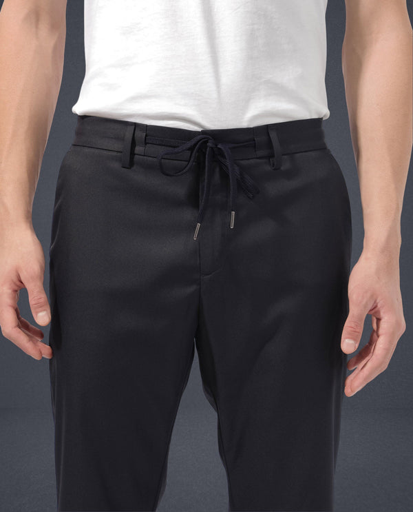Rare Rabbit Men's Nimb Navy Polyester Fabric Drawstring And Button Closure High Rise Regular Fit Solid Trousers