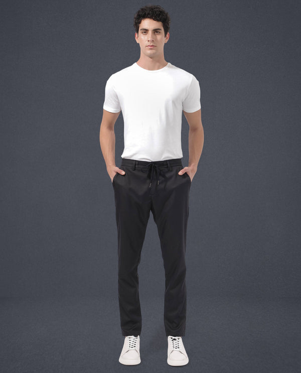 Rare Rabbit Men's Nimb Navy Polyester Fabric Drawstring And Button Closure High Rise Regular Fit Solid Trousers