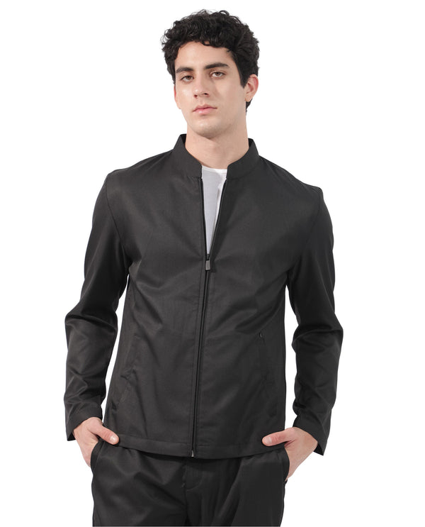 Rare Rabbit Men's Nimbus Black Plain Mandarin Collar Smart Twill Jacket