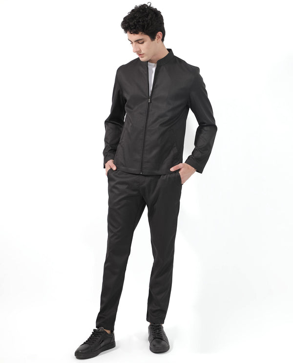 Rare Rabbit Men's Nimbus Black Plain Mandarin Collar Smart Twill Jacket