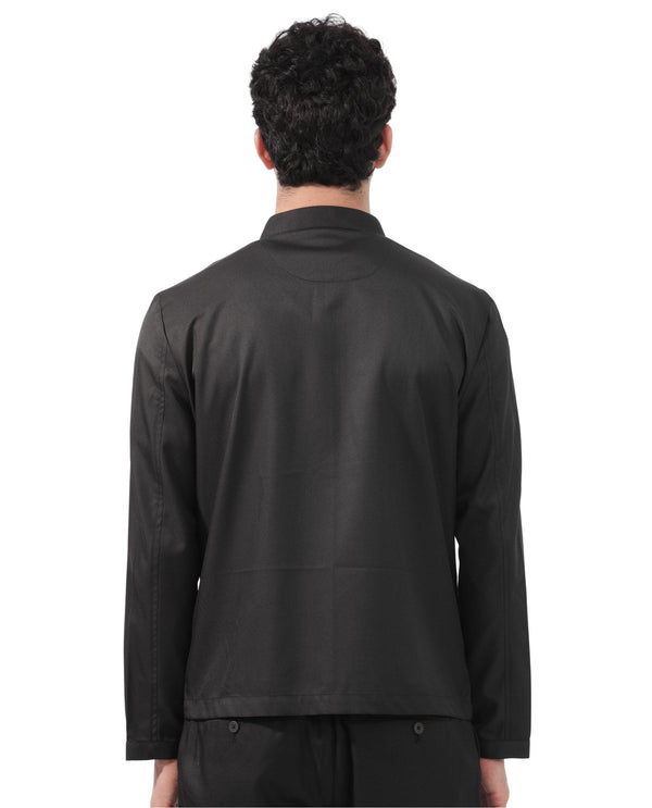 Rare Rabbit Men's Nimbus Black Plain Mandarin Collar Smart Twill Jacket