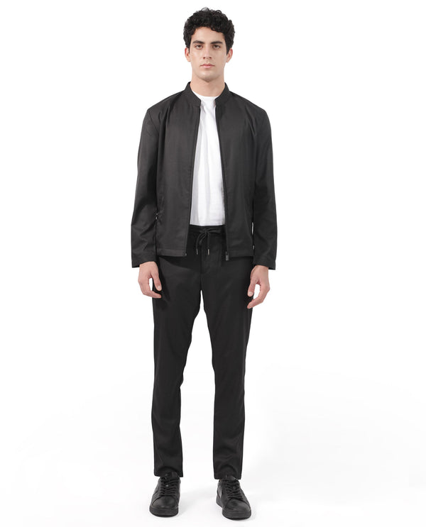 Rare Rabbit Men's Nimbus Black Plain Mandarin Collar Smart Twill Jacket
