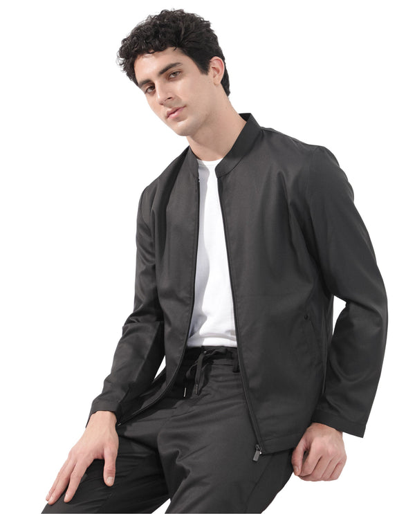 Rare Rabbit Men's Nimbus Black Plain Mandarin Collar Smart Twill Jacket