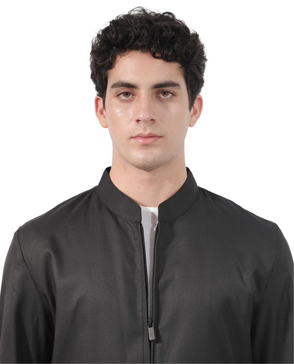 Rare Rabbit Men's Nimbus Black Plain Mandarin Collar Smart Twill Jacket