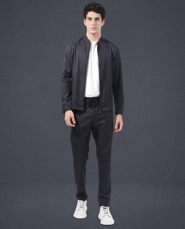 Rare Rabbit Men's Nimbus Navy Plain Mandarin Collar Smart Twill Jacket