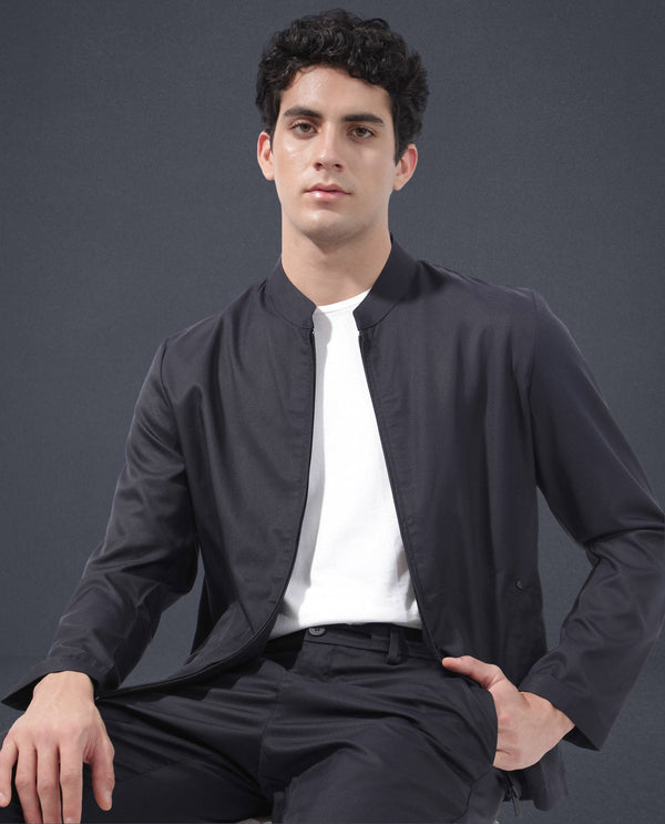 Rare Rabbit Men's Nimbus Navy Plain Mandarin Collar Smart Twill Jacket