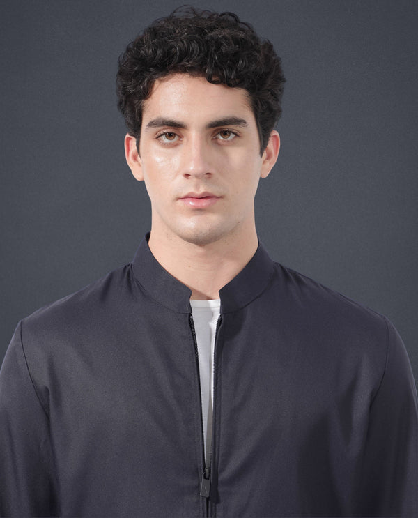 Rare Rabbit Men's Nimbus Navy Plain Mandarin Collar Smart Twill Jacket