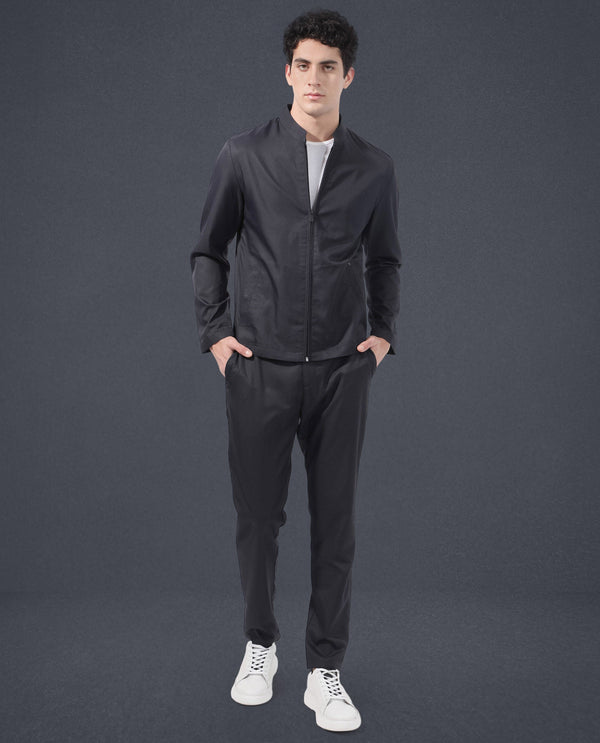 Rare Rabbit Men's Nimbus Navy Plain Mandarin Collar Smart Twill Jacket