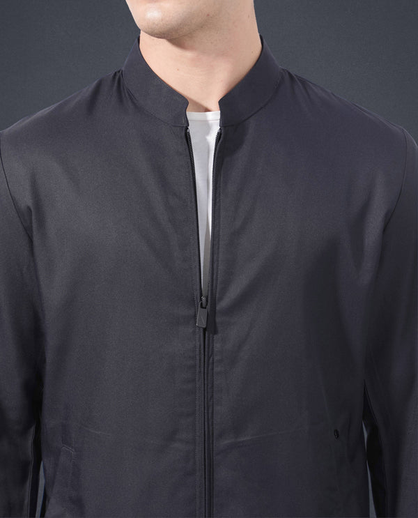 Rare Rabbit Men's Nimbus Navy Plain Mandarin Collar Smart Twill Jacket