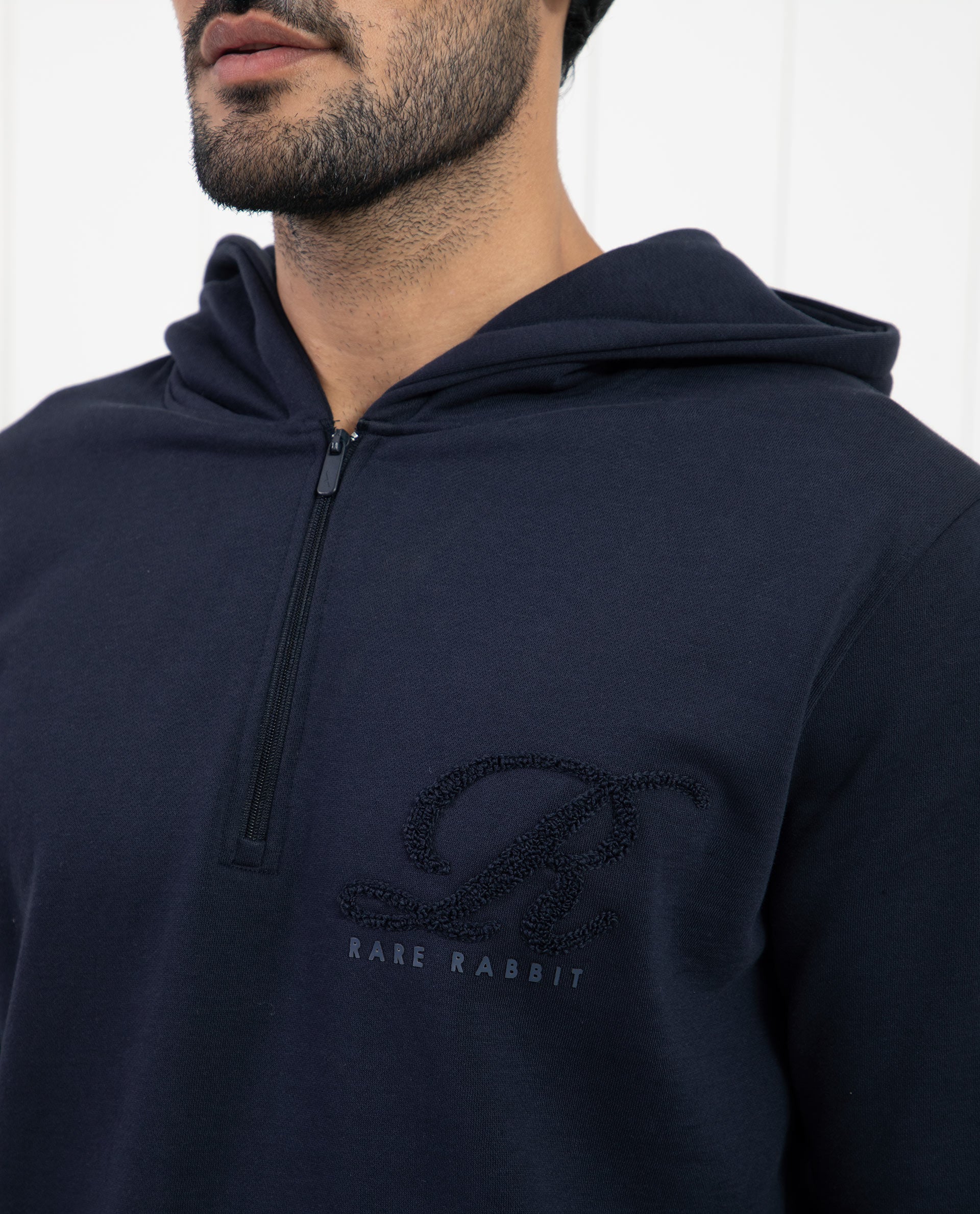 Rare Rabbit Mens Island Teal Cotton Polyester Fabric Full Sleeves Zipper Closure Towel Embroidery Logo Hooded Sweatshirt