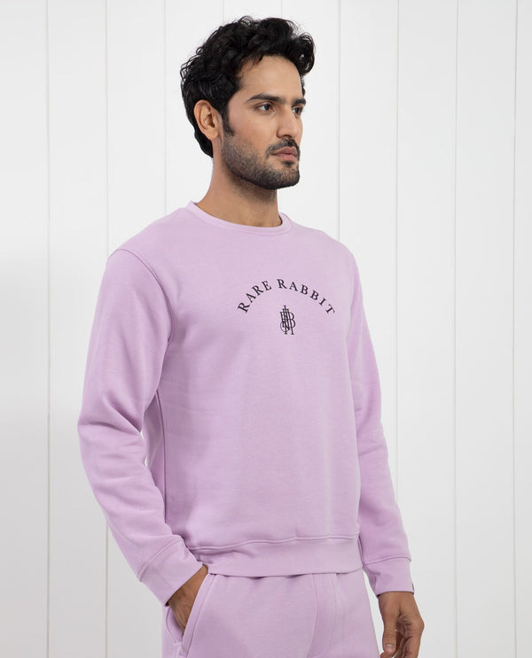 Rare Rabbit Men's Nomic Pastel Purple Cotton Polyester Fabric Full Sleeves Logo Graphic Print Sweatshirt