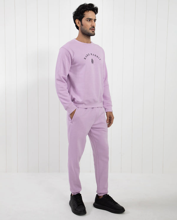 Rare Rabbit Men's Nomic Pastel Purple Cotton Polyester Fabric Full Sleeves Logo Graphic Print Sweatshirt
