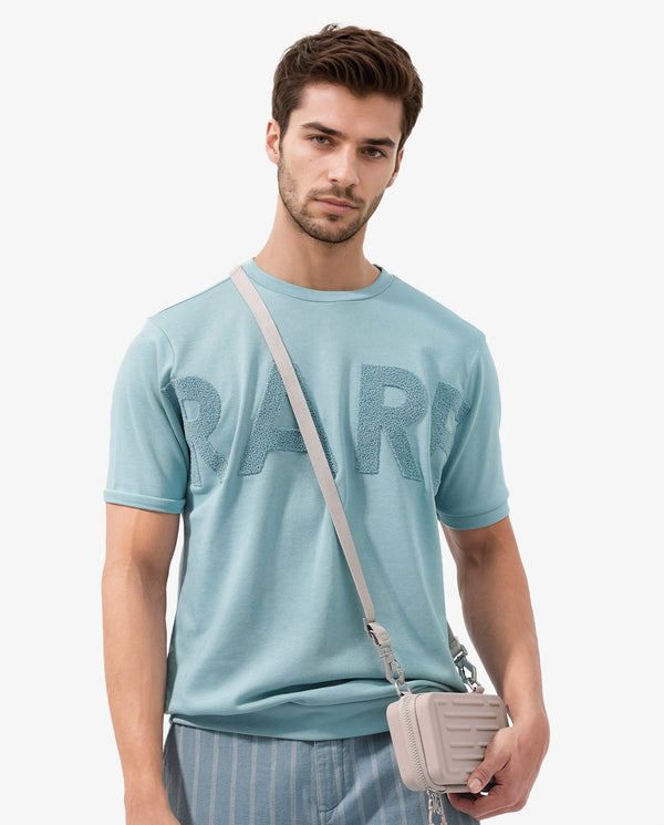 Rare Rabbit Mens Nor-2 Dusky Turq Loopback Terry Fabric Half Sleeves Towel Embroidered Oversized T-Shirt