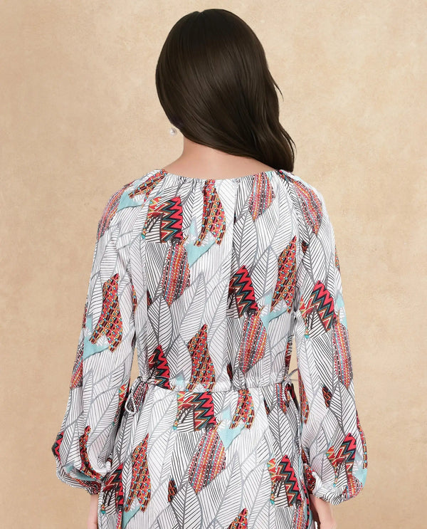 Rareism Women Numan Multi Full Sleeve Tie Up Neck Tie Up A-Line Maxi Tropical Print Dress