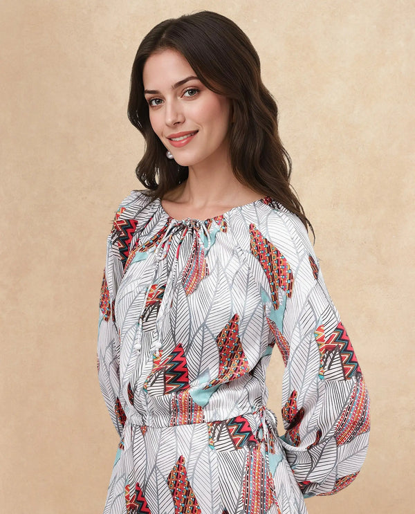 Rareism Women Numan Multi Full Sleeve Tie Up Neck Tie Up A-Line Maxi Tropical Print Dress