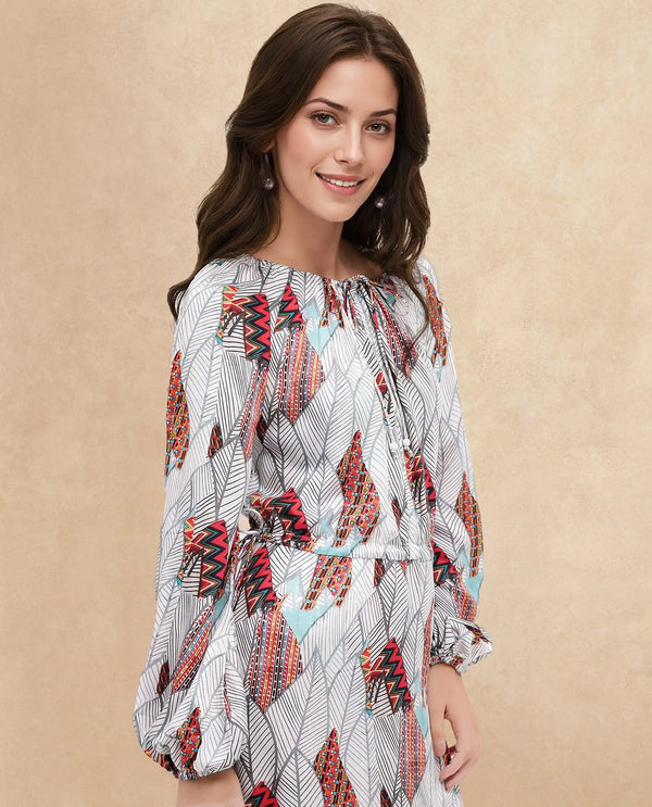 Rareism Women Numan Multi Full Sleeve Tie Up Neck Tie Up A-Line Maxi Tropical Print Dress