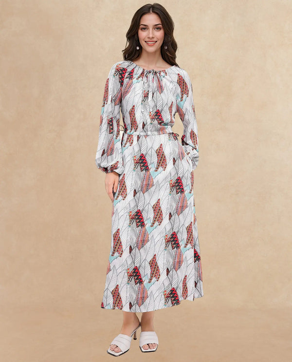 Rareism Women Numan Multi Full Sleeve Tie Up Neck Tie Up A-Line Maxi Tropical Print Dress