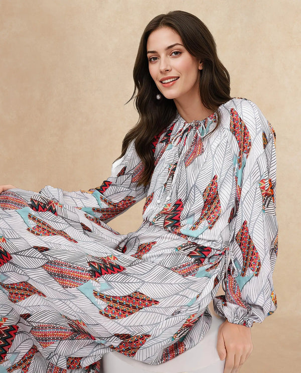 Rareism Women Numan Multi Full Sleeve Tie Up Neck Tie Up A-Line Maxi Tropical Print Dress