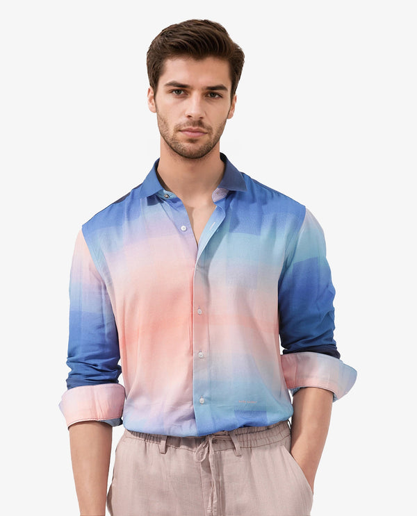 Rare Rabbit Men's Obroom Light Pink Viscose Fabric Full Sleeves Ombre Shirt