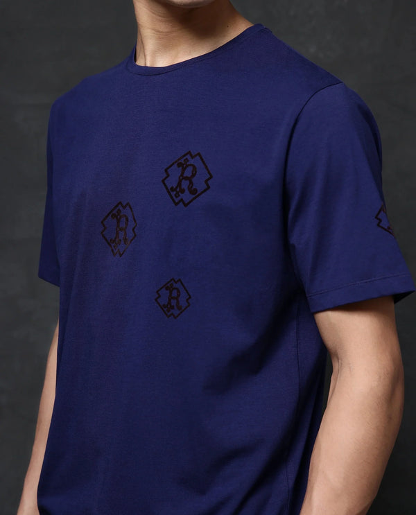 Rare Rabbit Men Odon Navy Cotton Lycra Fabric Short Sleeve Crew Neck Regular Fit Graphic Flock Print T-Shirt