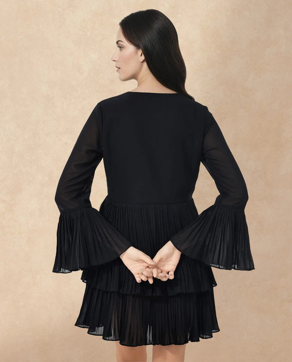 Rareism Women Olympia Black Polyester Fabric Full Sleeve Collared Neck Solid Regular Length Dress