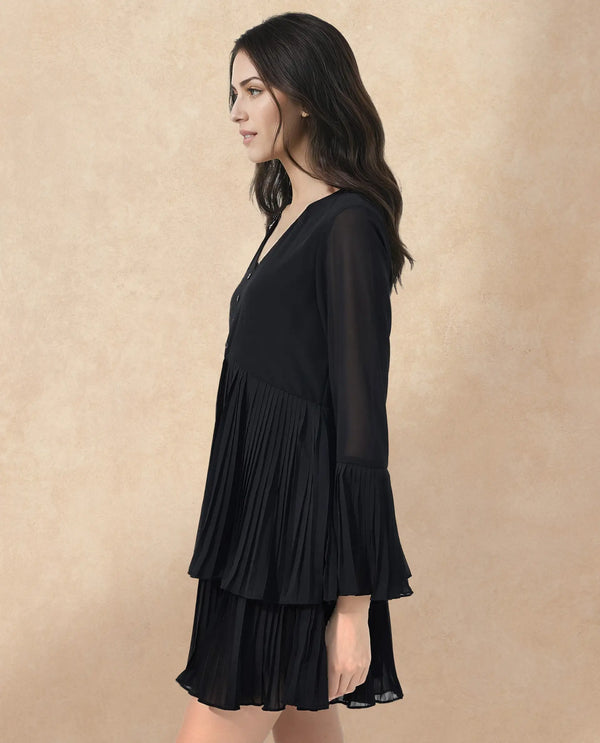 Rareism Women Olympia Black Polyester Fabric Full Sleeve Collared Neck Solid Regular Length Dress