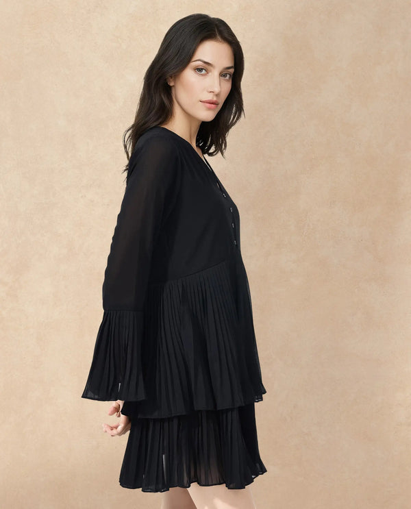 Rareism Women Olympia Black Polyester Fabric Full Sleeve Collared Neck Solid Regular Length Dress