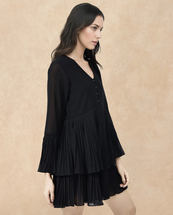 Rareism Women Olympia Black Polyester Fabric Full Sleeve Collared Neck Solid Regular Length Dress