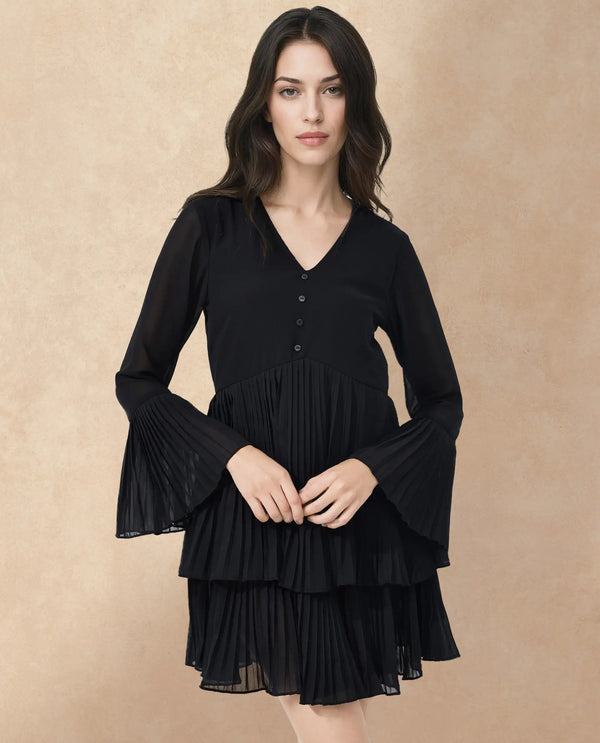Rareism Women Olympia Black Polyester Fabric Full Sleeve Collared Neck Solid Regular Length Dress