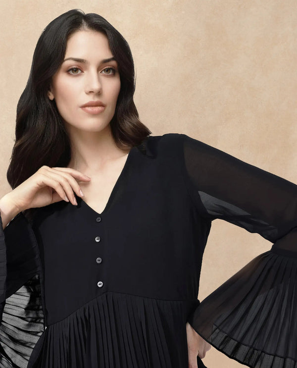 Rareism Women Olympia Black Polyester Fabric Full Sleeve Collared Neck Solid Regular Length Dress