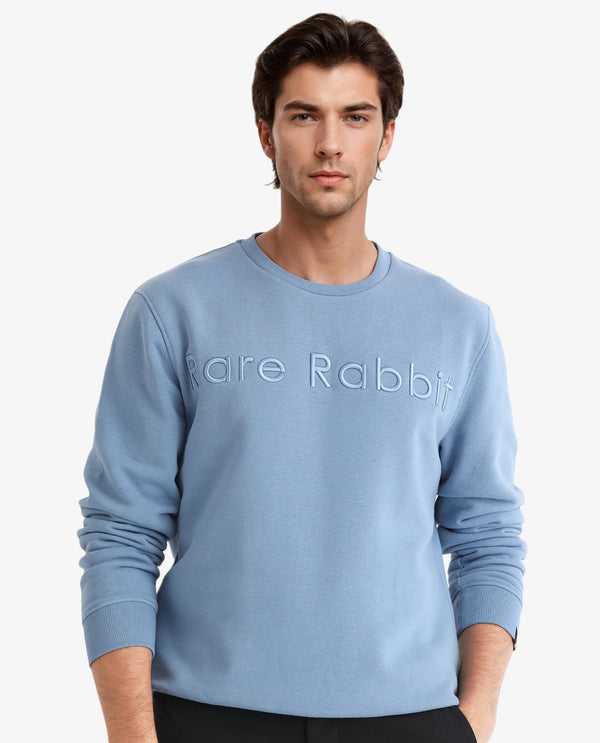 Rare Rabbit Men's Oranj Blue Cotton Polyester Fabric Full Sleeves Embroidery Branding Sweatshirt