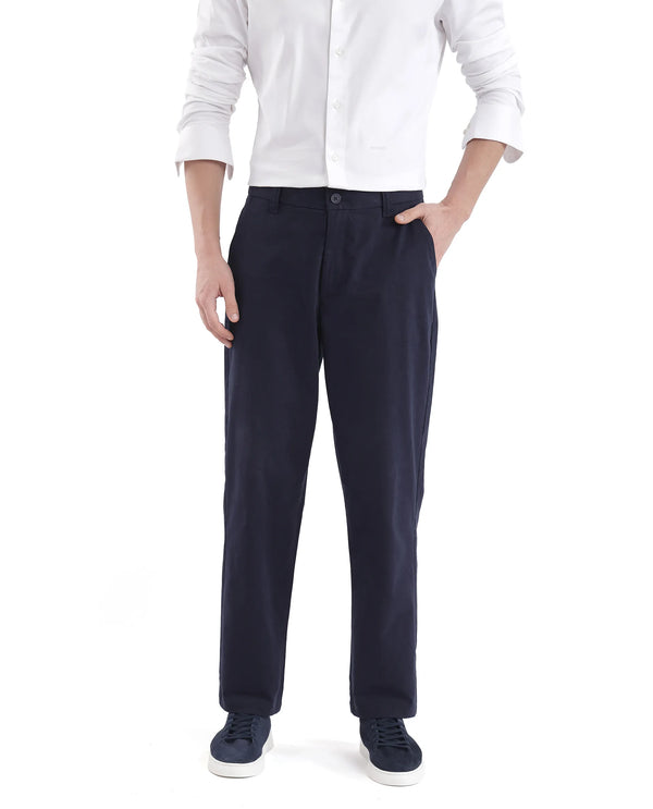 Rare Rabbit Men Oren Navy Cotton Fabric Mid Rise Straight Fit Solid Trouser