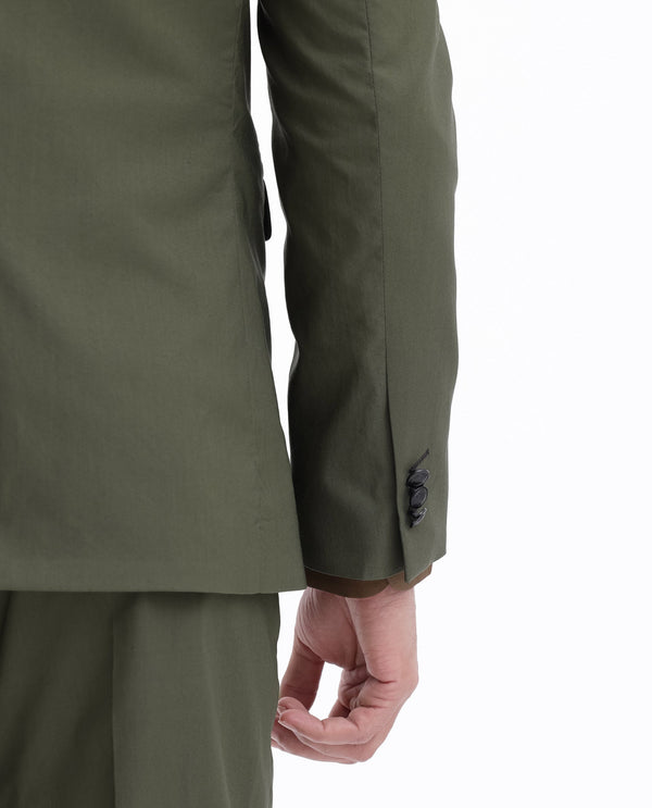 Rare Rabbit Mens Oscar Dark Olive Polyester Viscose Fabric Notch Lapel Button Closure Single Breasted Tailored Fit Solid Suits