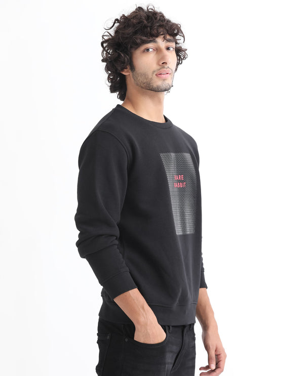 Rare Rabbit Men's Osin Black Cotton Polyester Fabric Full Sleeves Graphic Print Knitted Sweatshirt