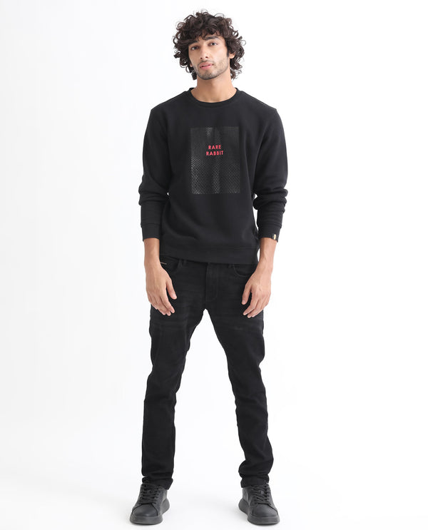 Rare Rabbit Men's Osin Black Cotton Polyester Fabric Full Sleeves Graphic Print Knitted Sweatshirt