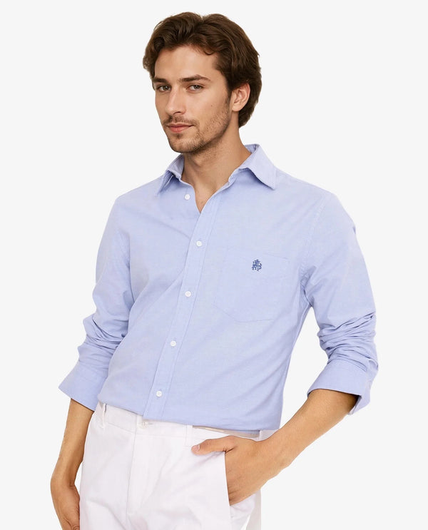 Rare Rabbit Men Oxo Light Blue Cotton Spandex Fabric Full Sleeve Regular Fit Embroidered Logo Formal Plain Shirt