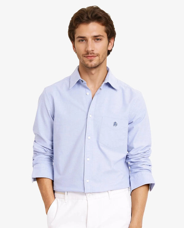 Rare Rabbit Men Oxo Light Blue Cotton Spandex Fabric Full Sleeve Regular Fit Embroidered Logo Formal Plain Shirt