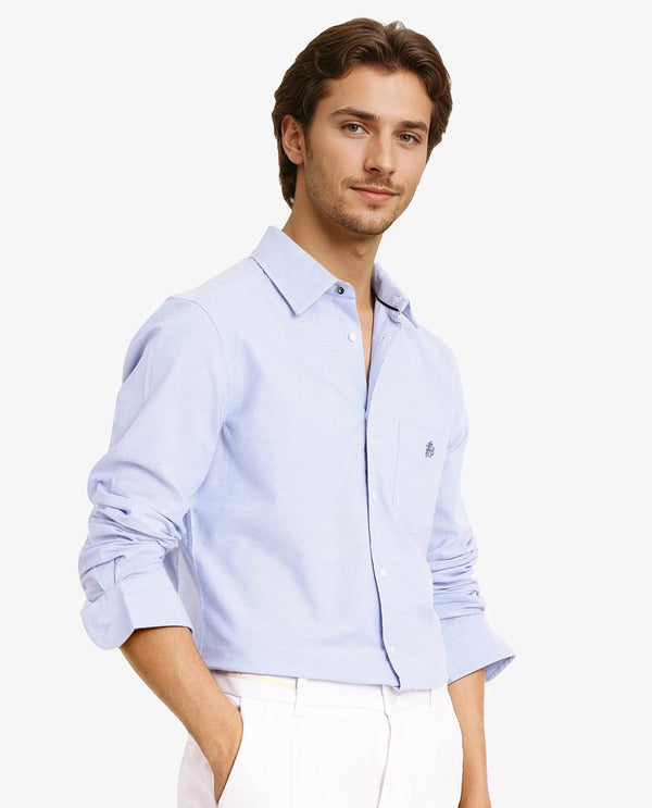 Rare Rabbit Men Oxo Light Blue Cotton Spandex Fabric Full Sleeve Regular Fit Embroidered Logo Formal Plain Shirt