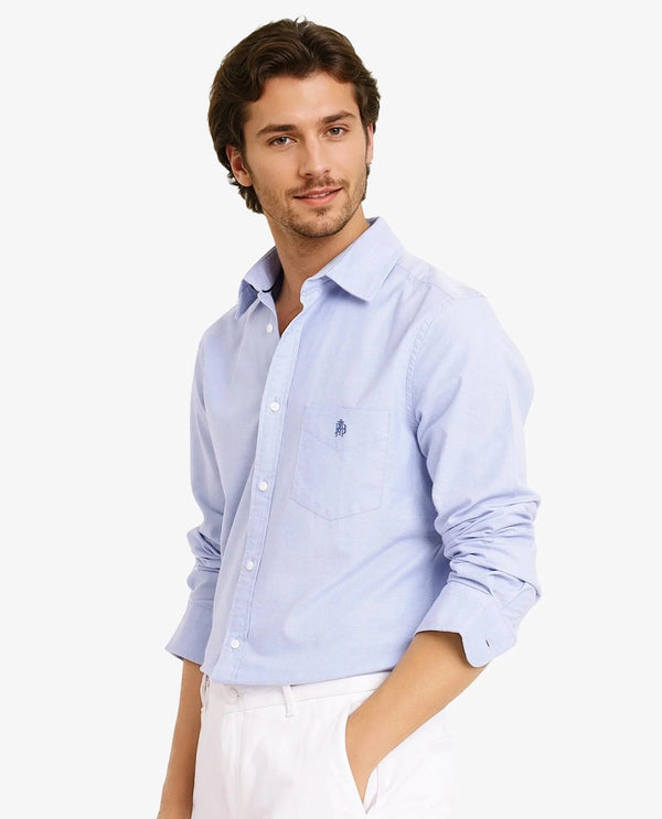 Rare Rabbit Men Oxo Light Blue Cotton Spandex Fabric Full Sleeve Regular Fit Embroidered Logo Formal Plain Shirt