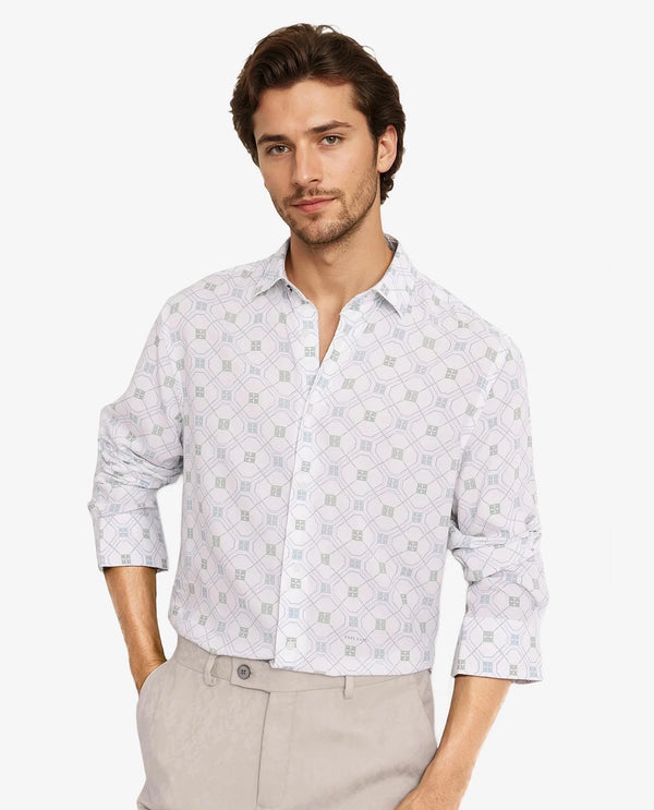 Rare Rabbit Men Paide White Viscose Fabric Regular Fit Geometric Print Shirt