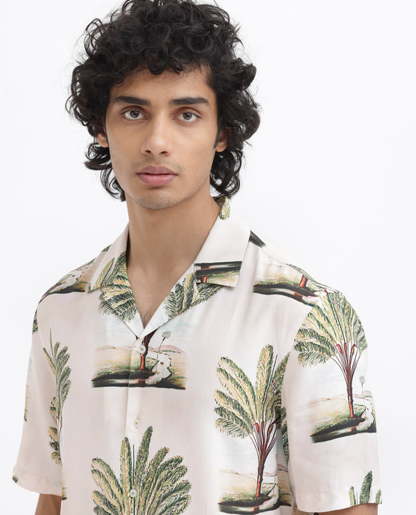 Rare Rabbit Men's Palamo Beige Viscose Fabric Cuban Collar Half Sleeves Boxy Fit Tropical Print Shirt