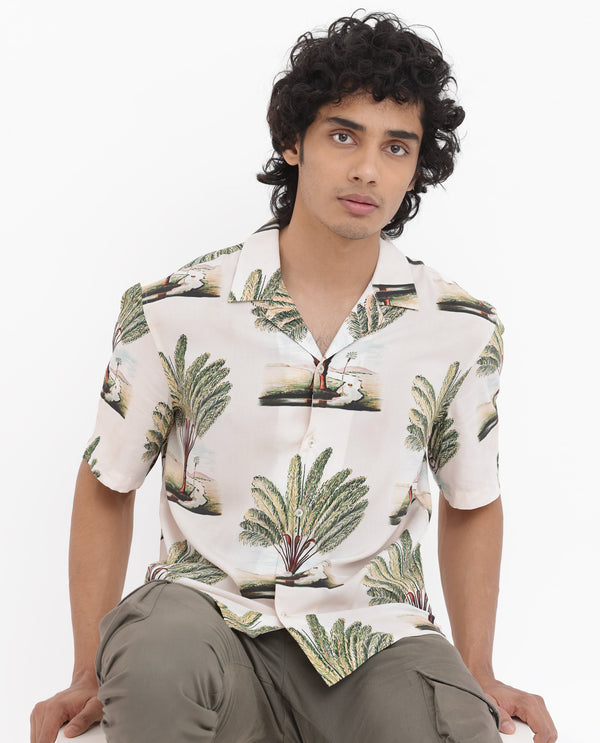 Rare Rabbit Men's Palamo Beige Viscose Fabric Cuban Collar Half Sleeves Boxy Fit Tropical Print Shirt