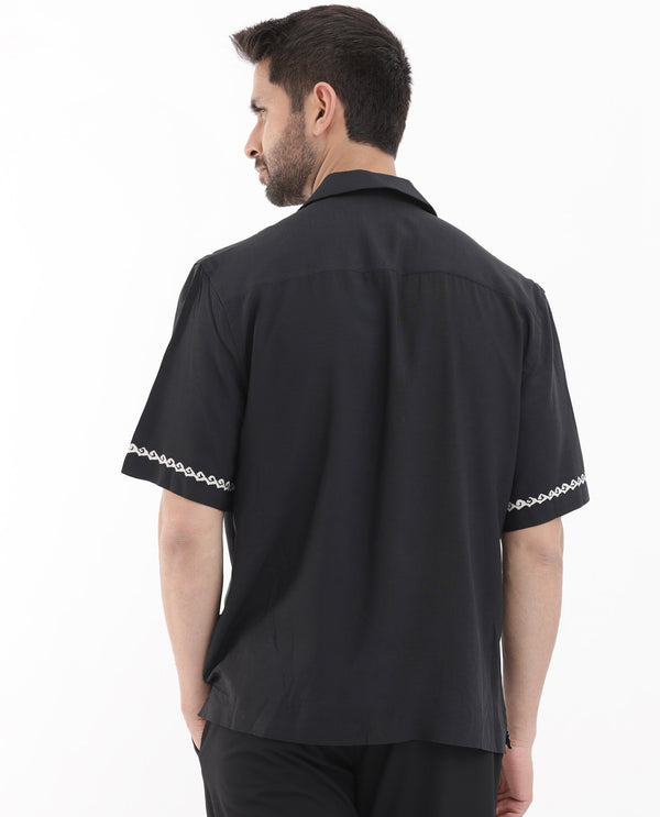 Rare Rabbit Men's Palms Black Viscose Fabric Cuban Collar Half Sleeves Boxy Fit Placement Tropical Print Bowler Shirt