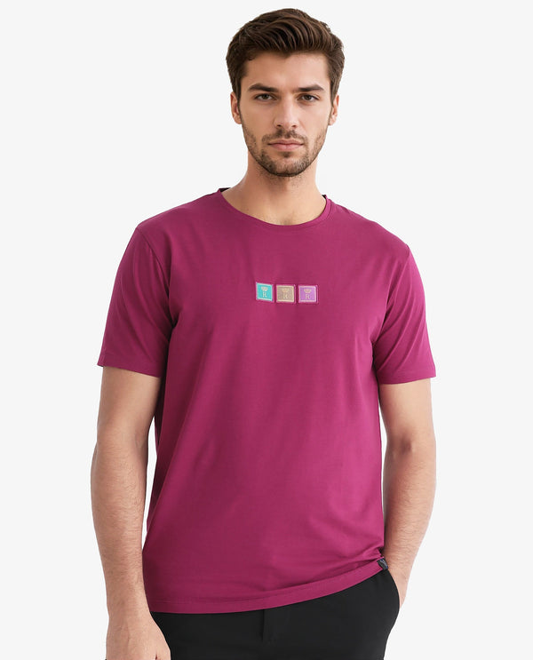 Rare Rabbit Men's Palp Dark Pink Crew Neck Half Sleeves Regular Fit Embroidered Logo Branding T-Shirt